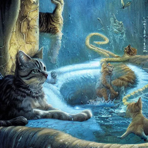 Prompt: cat waterpark painting by brain froud, charles vess, cinematic lighting, epic composition, highly detailed