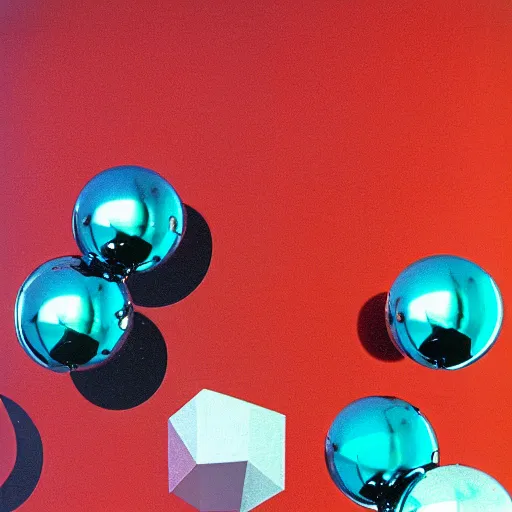 Prompt: chrome spheres on a red cube, kodachrome photograph