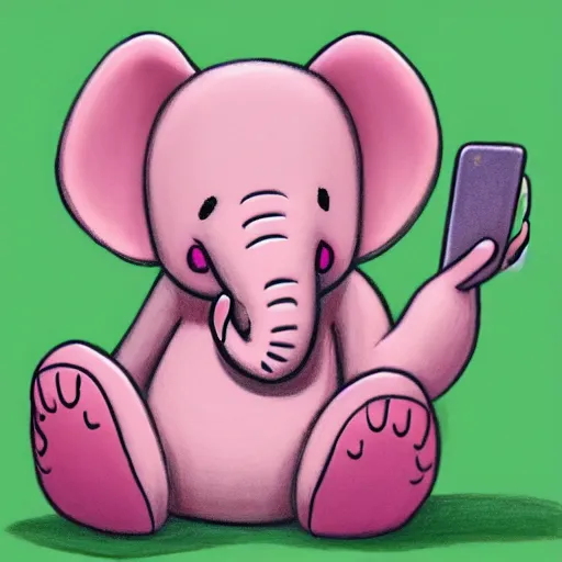 Image similar to light pink heffalump holding a smartphone, talking on the phone, detailed, color pencil art, children's illustration, trending on artstation