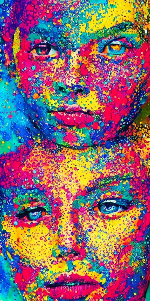 Prompt: intricate face with dots of paint melting in to a colorful painting made of gouache impasto