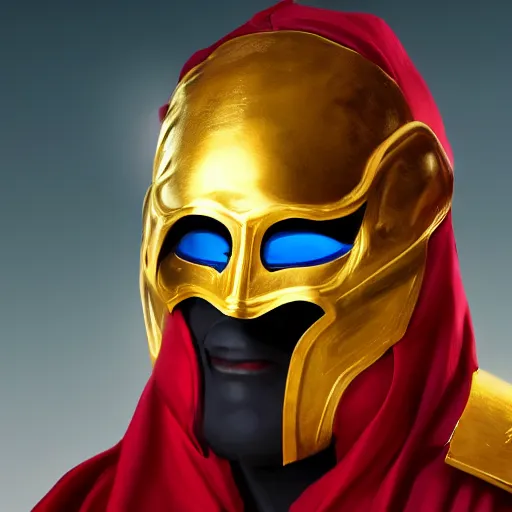 Image similar to portrait of a hero wearing a red mask covering his entire head, only his totally white eyes and mouth are visible, cyan background, golden cape, golden ear buds, golden eye rims, artstation, digital art, opengl