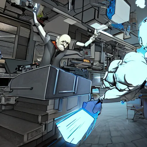 Image similar to walter white fighting glados from portal 2