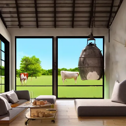 Image similar to interior view of modern futuristic farm barn architecture and interior design, lounge chairs, sofas, cows, chickens, pigs, wall art, detailed luminescent oil painting 4 k
