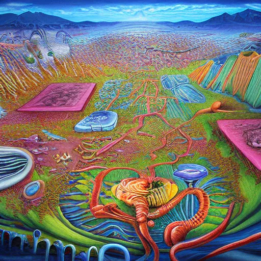 Image similar to surrealist landscape, human organ city, painting, highly detailed