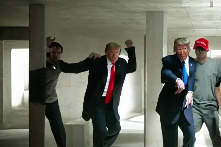 Image similar to cult members breaking donald trump out of prison mission impossible style, cinematic lighting