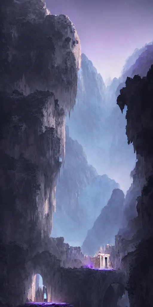 Image similar to Gorge in the mountain, white stone temple ruins, night dramatic lighting, blue and purple tones, wide camera angle, matte painting, trending on ArtStation, concept art, delightful surroundings, high detail, sharp contrast, picturesque