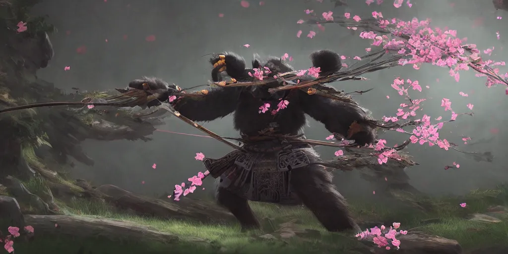 Prompt: an environmental concept art of anthropomorphic asian black bear samurai, samurai duel, sakura petals blowing in the wind, highly detailed, environmental light, cinematic by francis tneh