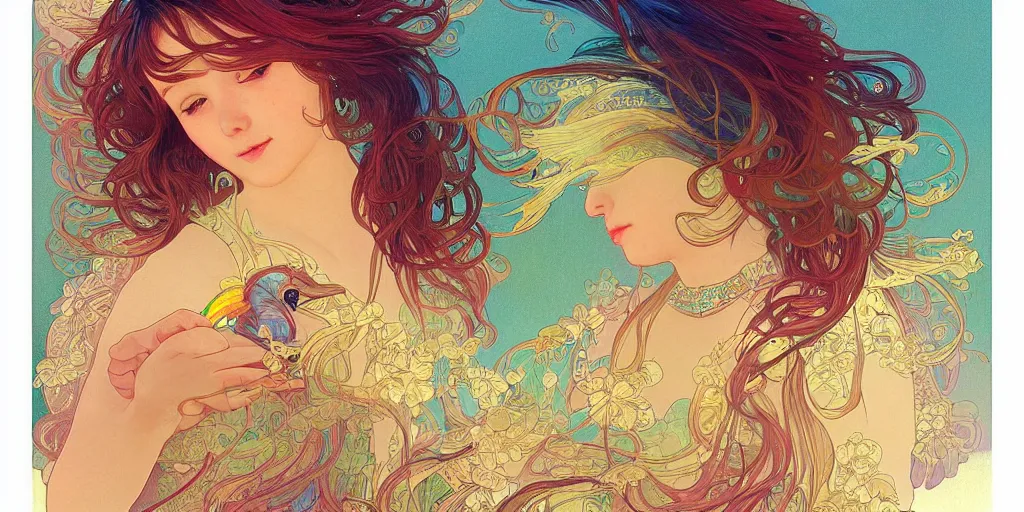 Prompt: baby bird catches the worm, sunrise, rainbow, fantasy, intricate, very very beautiful, elegant, highly detailed, digital painting, artstation, concept art, smooth, sharp focus, illustration, art by alphonse mucha