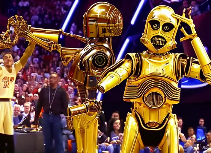 Image similar to ESPN still of C-3PO playing in the nba playoffs live on espn, 4k