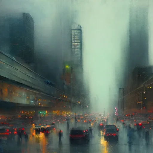 Image similar to dallas skyline, street scene, light rain and gentle fog, people crowding, painting by jeremy mann