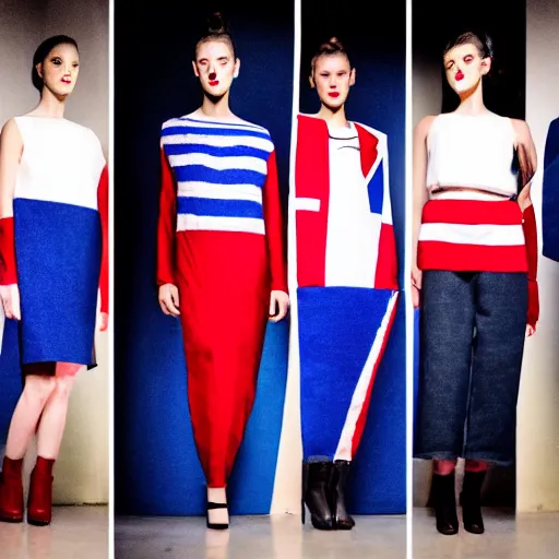 Prompt: brutalist fashion incorporating red white and blue, brutalist fashion show, studio lighting