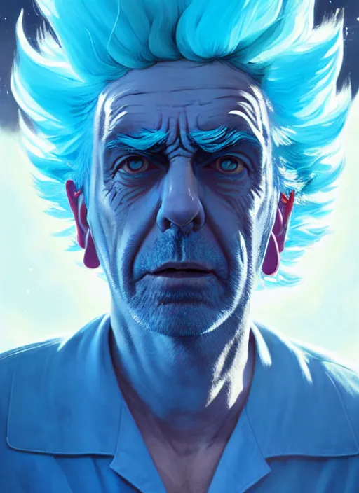 Prompt: rick sanchez portrait wearing a white lab coat with blue hair. highly detailed. psychedelic digital painting. smooth. alien planet background. art by greg rutkowski
