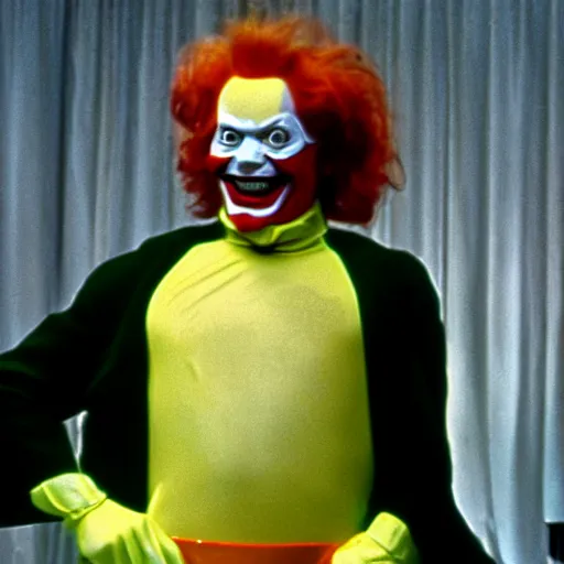 Image similar to A still of Ronald McDonald as a supervillain in a 1980s movie