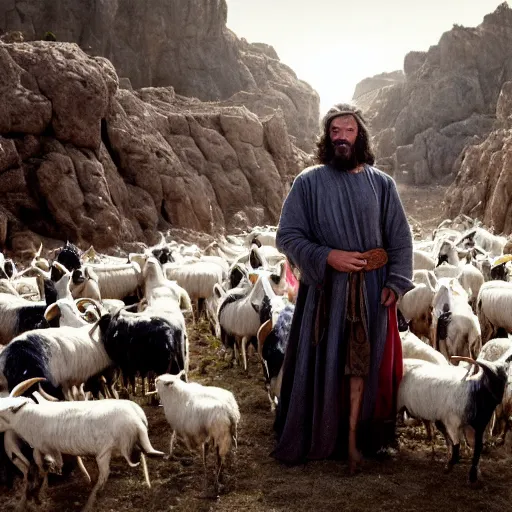 Image similar to Cinematic still portrait of ugly Mediterranean skinned man dressed in Biblical Shepherd Clothing with a flock of goats, Biblical epic film dramatic angles, directed by Steven Spielberg