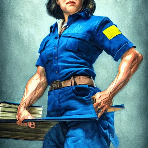 Prompt: epic portrait a slightly muscular woman wearing short sleeved uniform in blue and carrying a construction plan blueprint, detailed, centered, digital painting, artstation, concept art, donato giancola, Joseph Christian Leyendecker, WLOP, Boris Vallejo, Breathtaking, 8k resolution, extremely detailed, beautiful, establishing shot, artistic, hyperrealistic, beautiful face, octane render