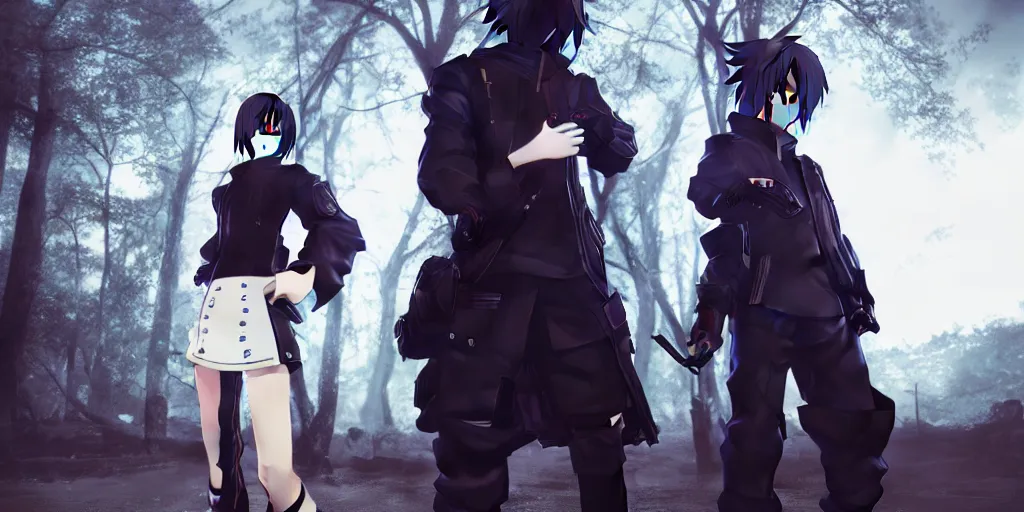 Image similar to Anime style streetwear, Octane render, Final Fantasy, dark latex outerwear, atmospheric scene