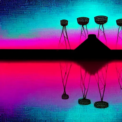 Prompt: cityscape full of mayan pyramids with neons and ufos in the sky viewed from a lake in retrowave style 4 k