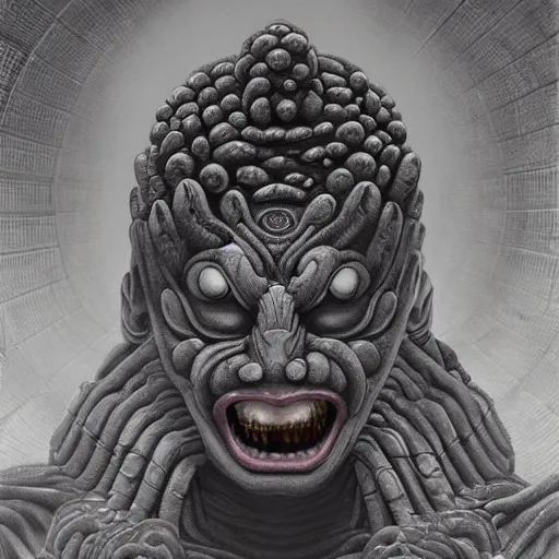 Image similar to naraka buddhist demon korean female, happy female alien, tubular creature, blood vessels, no face, dystopian surrealism, alex ries zdzisław beksinski, giger, symmetrical long head, smooth marble surfaces, smooth marble surfaces, detailed ink illustration, detailed ink illustration, raiden metal gear, cinematic smooth stone, deep aesthetic, concept art, intricate