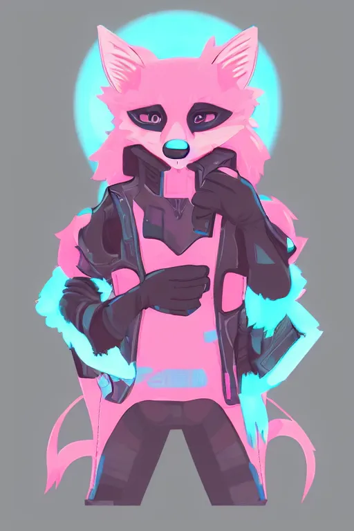 Image similar to a cute cyberpunk anthropomorphic fox with pink fur and blue eyes and a fluffy tail, comic art, trending on furaffinity, cartoon, kawaii, backlighting, furry art!!!, cel shading, concept art, lineless