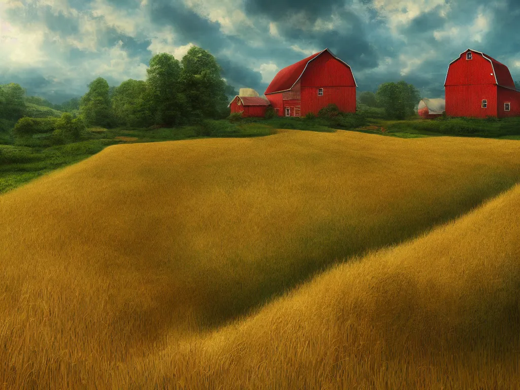 Prompt: Intricate detailed lush ravine with a single isolated red barn next to a wheat crop at noon. Wide angle shot, surreal, dreamlike, Artstation, Thomas Chamberlain-Keen