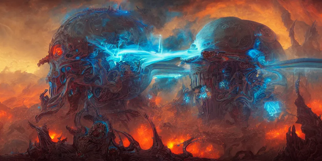 Image similar to gigantic demonic cosmic skull of death and fire, outer space, fantasy painting, ultra realistic, dmt, symmetrical, wide angle, intricate details, digital painting, rainbowshift, vivid colors, highly detailed by peter mohrbacher, h. r. giger, maxfield parrish, craig mullins, octane render, cgi