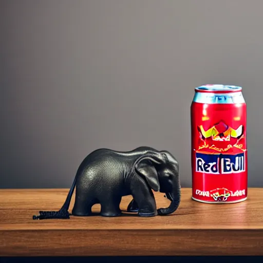 Prompt: product photography, a can of red bull on a table, an elephant is behind drinking the red bull through a straw