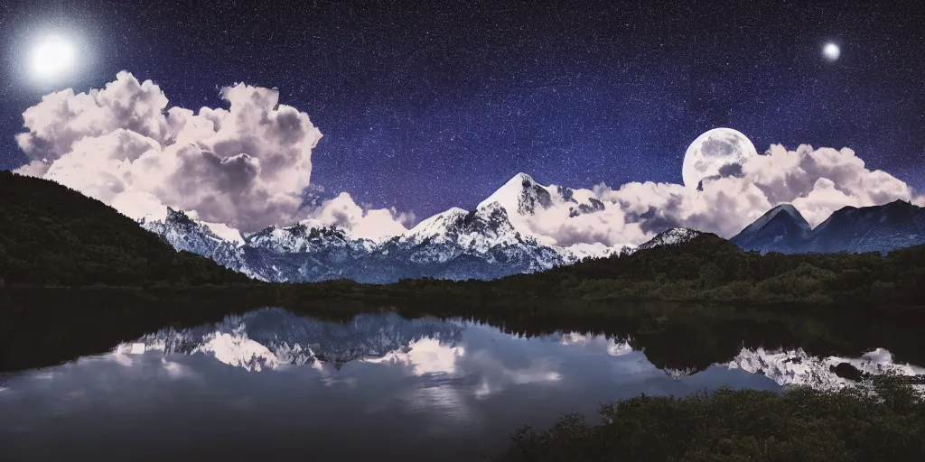 Prompt: [ moonlit river ]! surrounded by [ mountains and forests ]! with a [ dark sky and cumulonimbus clouds and a small moon ]!, 4 k photorealism!! art style, landscape! photography, unsplash landscape, award winning, unsplash! contest winner