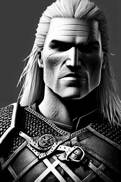 Image similar to 3 / 4 profile picture of geralt of rivia, 5 5 mm lens, professional photograph, black and white, times magazine, serious