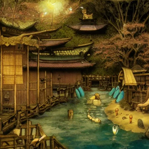 Prompt: feudal japanese waterpark painting by brain froud, charles vess, cinematic lighting, epic composition, highly detailed