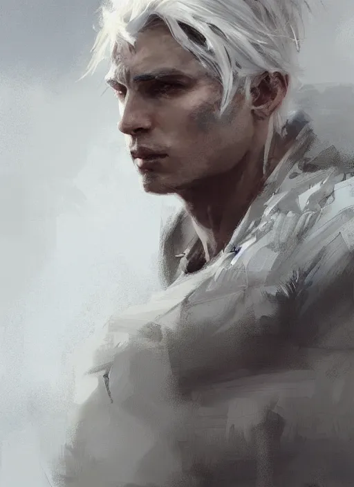Prompt: handsome young man, fringy white hair, clean shaven, by jeremy mann, by greg rutkowski, by noah bradley, digital painting