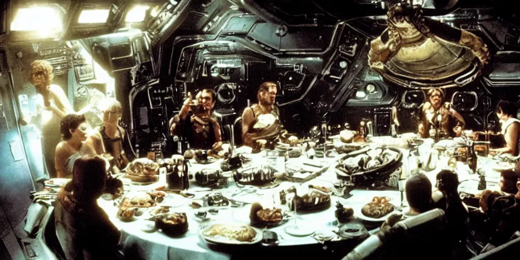 Image similar to a dinner scene with Ripley and 6 other people in a round table within the Nostromo by Ridley Scott, Alien movie, grainy, bluish and cream tones