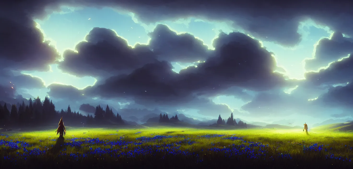 Prompt: midnight, meadows on hills, blue flowers bloomed all over, glowing spores flying, cinematic view, epic sky, detailed, concept art, low angle, high detail, warm lighting, volumetric, godrays, vivid, beautiful, trending on artstation, by jordan grimmer, huge scene, grass, art greg rutkowski