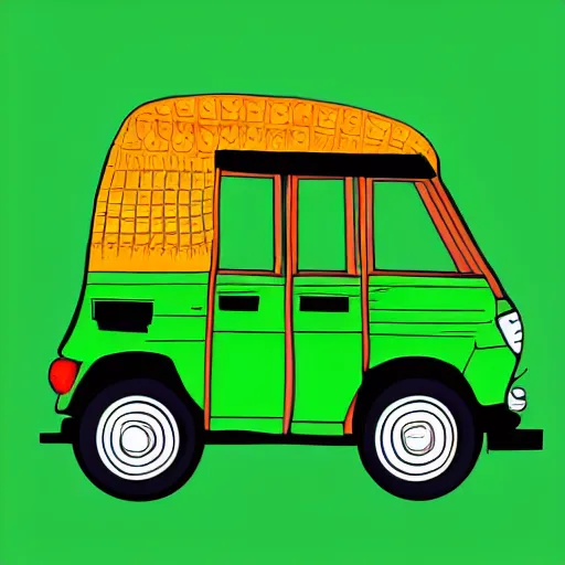 Prompt: Illustration of a tuk tuk with a pure green background