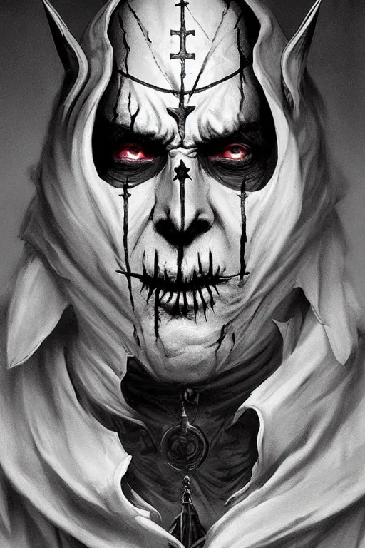 Image similar to portrait of an evil pope with black and white face paint plotting against humanity, ghost, Papa Emeritus, highly detailed, digital painting, artstation, concept art, sharp focus, illustration, art by artgerm and greg rutkowski and alphonse mucha