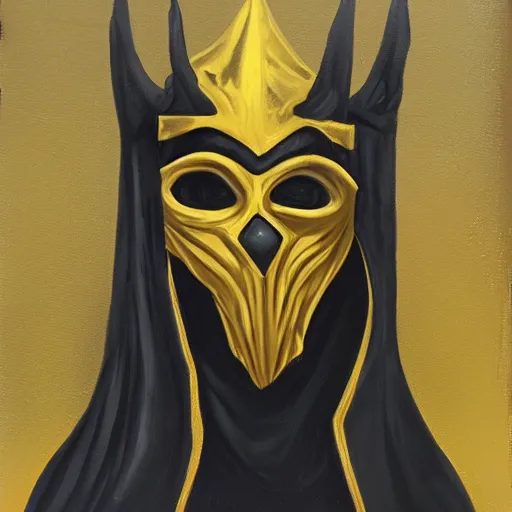Prompt: eldritch king dressed in mask and robes, gold yellow and black colour scheme, canvas, oil paint style