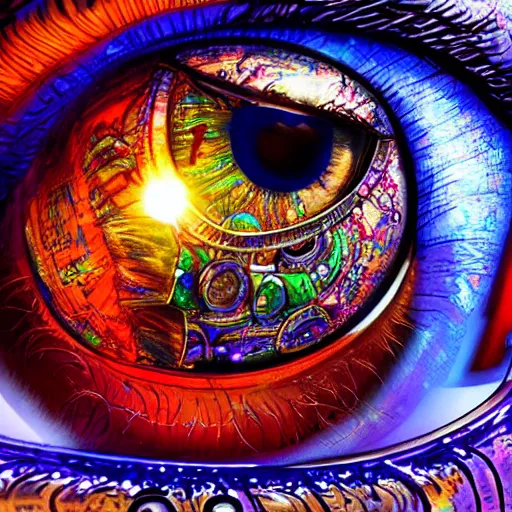 Prompt: Cybernetic Eye with intricate reflections, Close up, colorful, fantasy, vivid colors, concept art, sharp focus, digital art, Hyper-realistic, 4K, Unreal Engine, Highly Detailed, HD, Dramatic Lighting by Brom, trending on Artstation