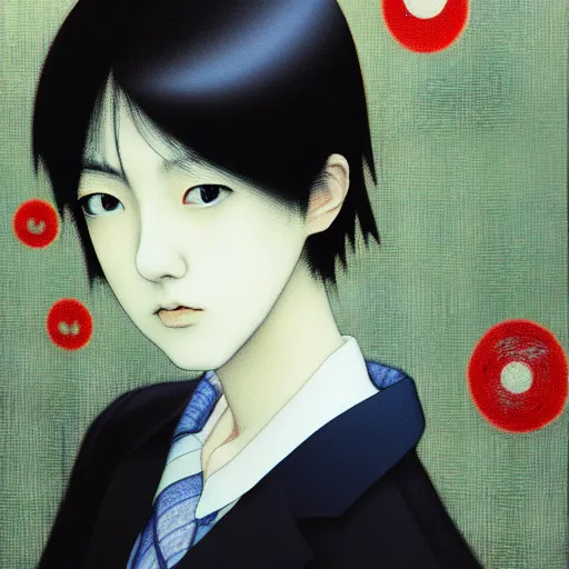 Image similar to yoshitaka amano blurred and dreamy realistic three quarter angle portrait of a young woman with short hair and black eyes wearing office suit with tie, junji ito abstract patterns in the background, satoshi kon anime, noisy film grain effect, highly detailed, renaissance oil painting, weird portrait angle, blurred lost edges