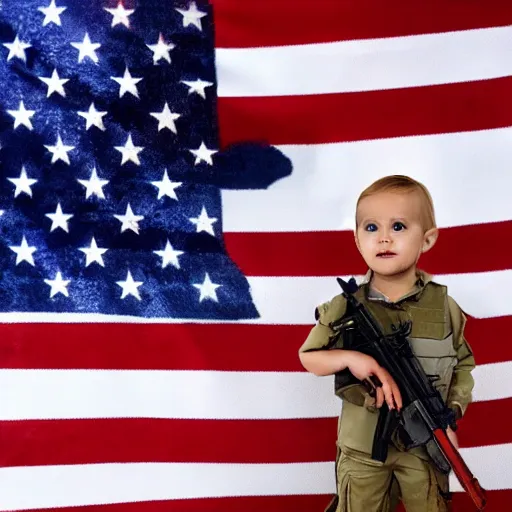 Prompt: toddler holding an assault rifle with the american flag in the background