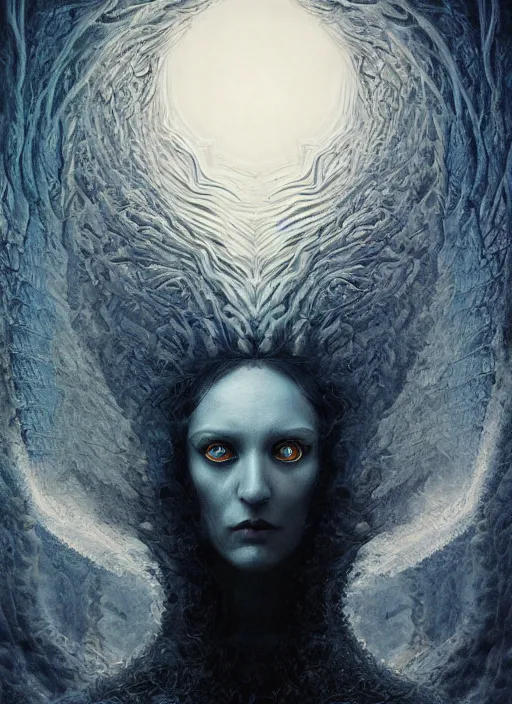 Image similar to Her huge ominous glowing blue eyes staring into my soul , perfect eyes, intricate stunning highly detailed, agostino arrivabene, Tomasz strzalkowski, twisted dark lucid dream, 8k portrait render, raven angel wings, swirling thick smoke , beautiful lighting, dark fantasy art, cgsociety