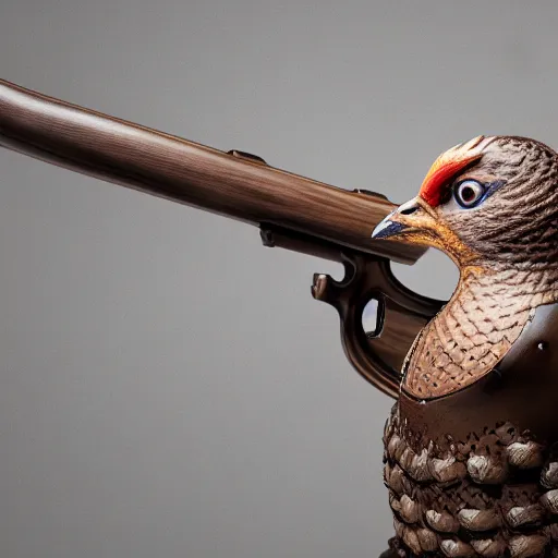 Image similar to a 3 d model of a grouse holding a blunderbuss, studio lighting, octane render, hyper detailed, product photography, 8 k, highly detailed