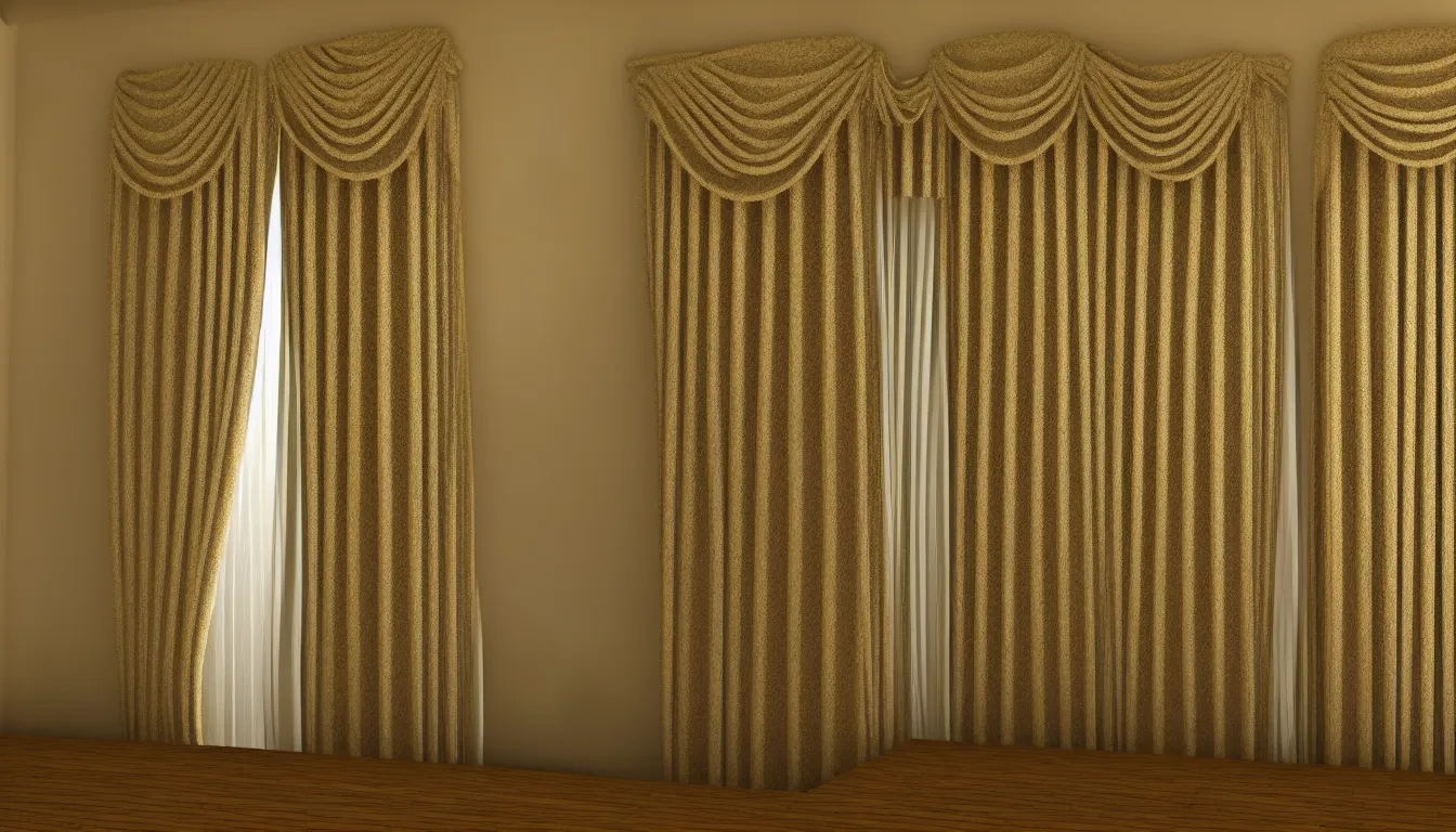 Image similar to symetrical, luxurious night curtains, house interior, design very detailed, high resolution, 8 k