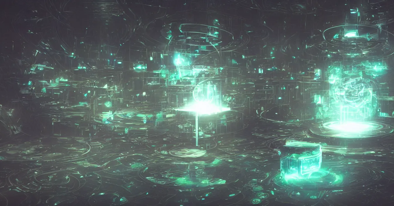 Prompt: Scifi concept art of magic tesseract, color difraction, aberrations, defocus, bokeh, in dark room, volumetry scattering, rendered in Vray, high samples