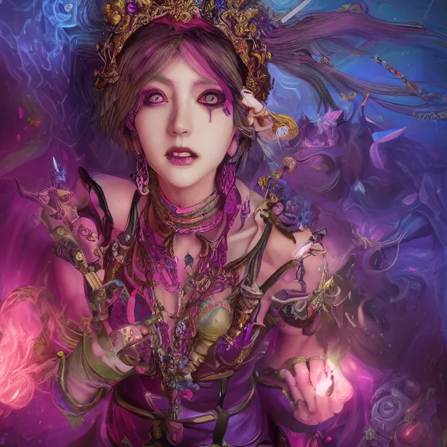 Image similar to the portrait of chaotic evil fallen colorful female necromancer overlord as absurdly beautiful, elegant, young idol, an ultrafine hyperdetailed illustration by kim jung gi, irakli nadar, detailed faces, intricate linework, bright colors, octopath traveler, unreal engine 5 highly rendered, global illumination, radiant light, detailed and intricate environment, 8 k