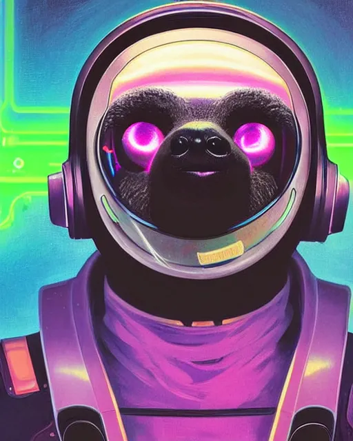 Prompt: silly sloth as future coder man looking on, sleek cyclops display over eyes and sleek bright headphoneset, neon accent lights, holographic colors, desaturated headshot portrait digital painting by dean cornwall, rhads, john berkey, tom whalen, alex grey, alphonse mucha, donoto giancola, astronaut cyberpunk electric