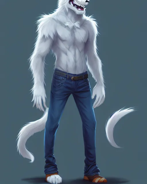 Image similar to character concept art, cute adult male anthropomorphic furry, cute fine face, darkblue werewolf, pants, pretty face, key visual, long human lightblue hair, realistic shaded furry face, fine details by stanley artgerm lau, wlop, rossdraws, james jean, andrei riabovitchev, marc simonetti, and sakimichan