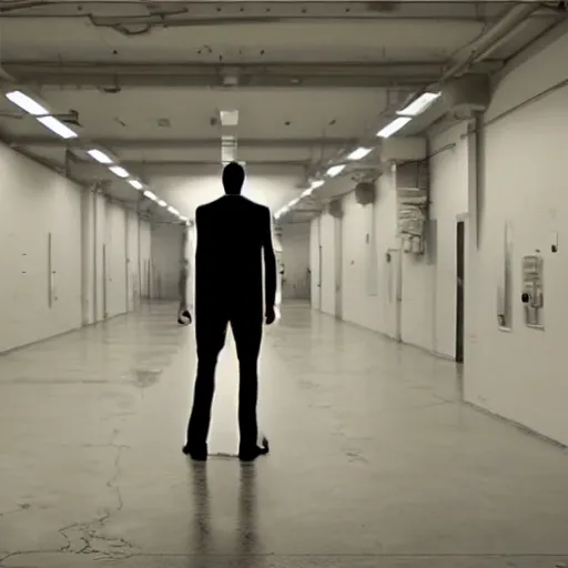 Image similar to the backrooms are empty, there is a lone replicant standing off in the distance