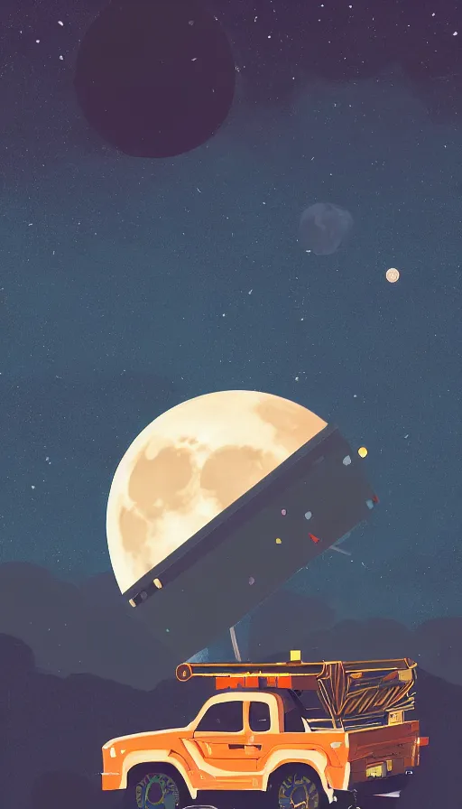 Image similar to truck against a moon, shooting stars, sharp focus, james gilleard, print, game art