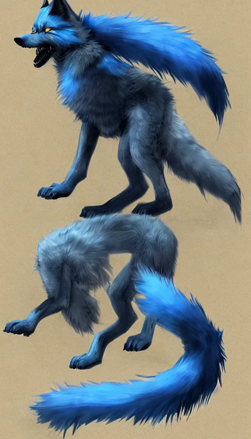 Image similar to dieselpunk blue wolf with fuzzy tail, concept art, dramatic, fantasy, pixiv