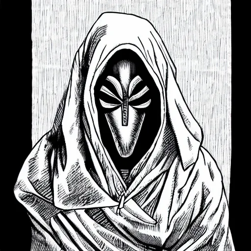 Image similar to hooded man with masked face, junji ito,