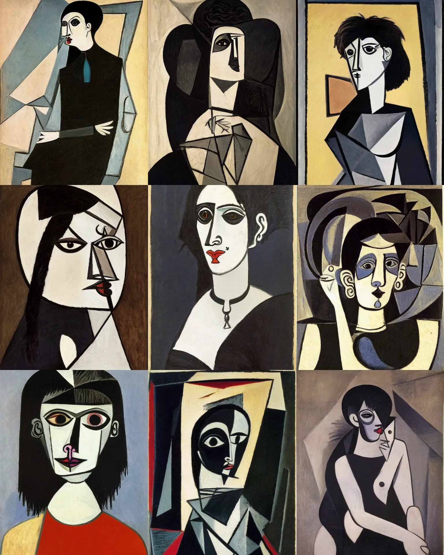 Prompt: A goth portrait by Pablo Picasso. Her hair is dark brown and cut into a short, messy pixie cut. She has a slightly rounded face, with a pointed chin, large entirely-black eyes, and a small nose. She is wearing a black tank top, a black leather jacket, a black knee-length skirt, a black choker, and black leather boots.